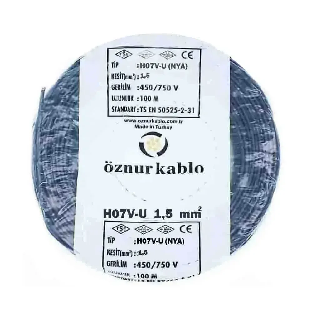 H07V-U 1X1,5 mm² Siyah Renk NYA Kablo